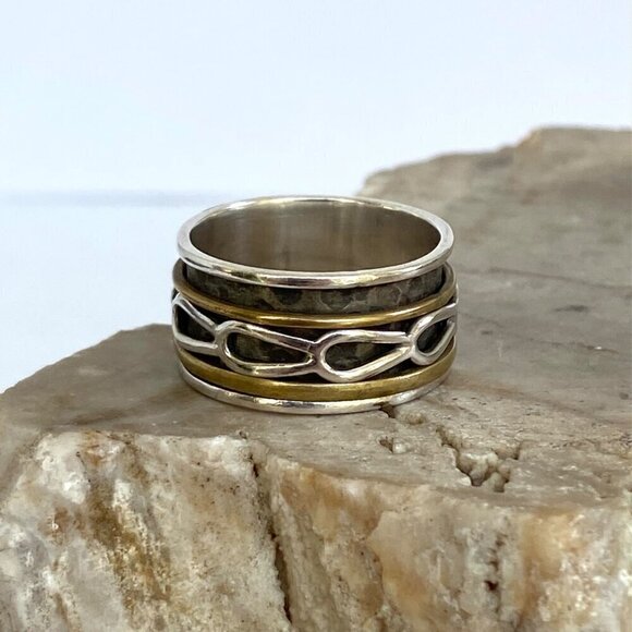 Sterling Silver 925 India Two Tone Brass Wide Multiple Band Spinner Ring Sz 7.5 - Picture 2 of 14